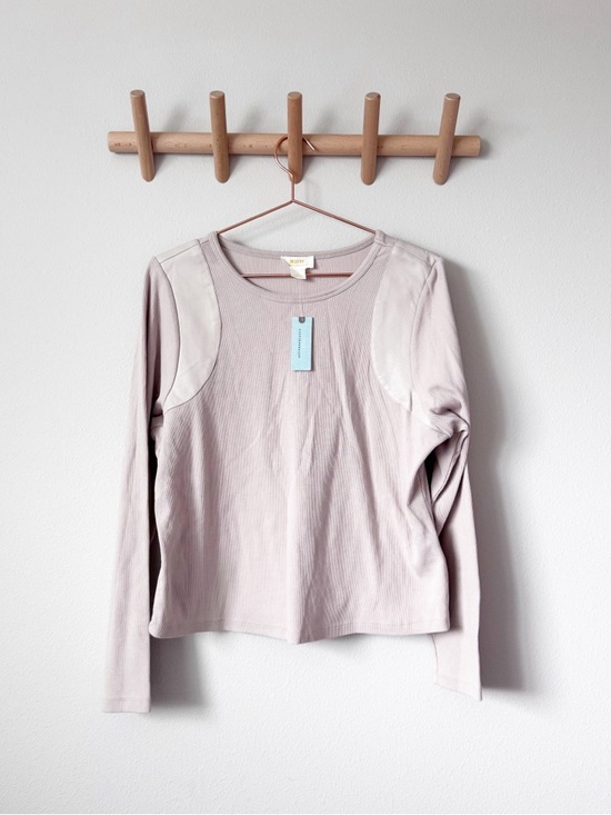 Anthropologie Maeve Beige Long-Sleeve Ribbed Faux Leather Insert Crew Pullover - Picture 4 of 13